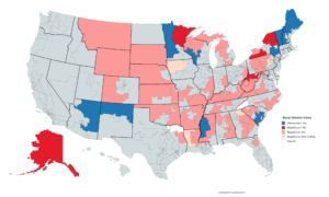 A map showing how the representatives of the 70 rural districts in the US voted. (55 Republicans voted no, 5 voted yes, along with all 10 Democratic representatives)